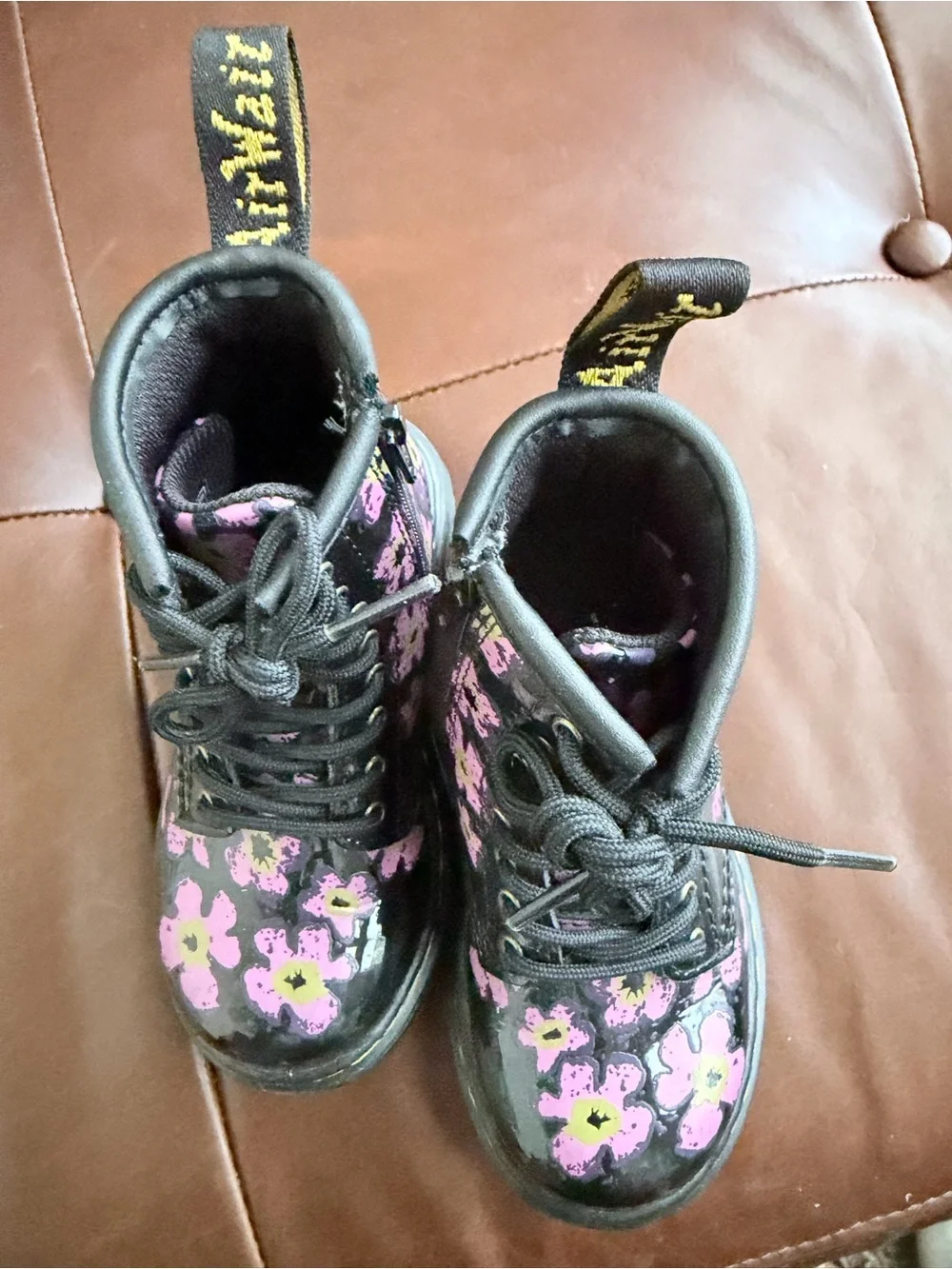 Dr. Martens Kids Black Lace-Up Boots with Pink Floral Print